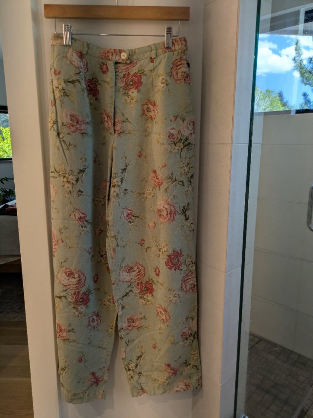 Vintage F.L. Malik high-waisted linen Size 8 pants light sage green floral rose